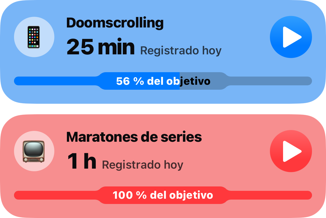 Dos tarjetas de hábitos de la lista principal: Scroll infinito a los 25 minutos, con un 56 por ciento de su objetivo, y Maratón de series a una hora, con el límite completado