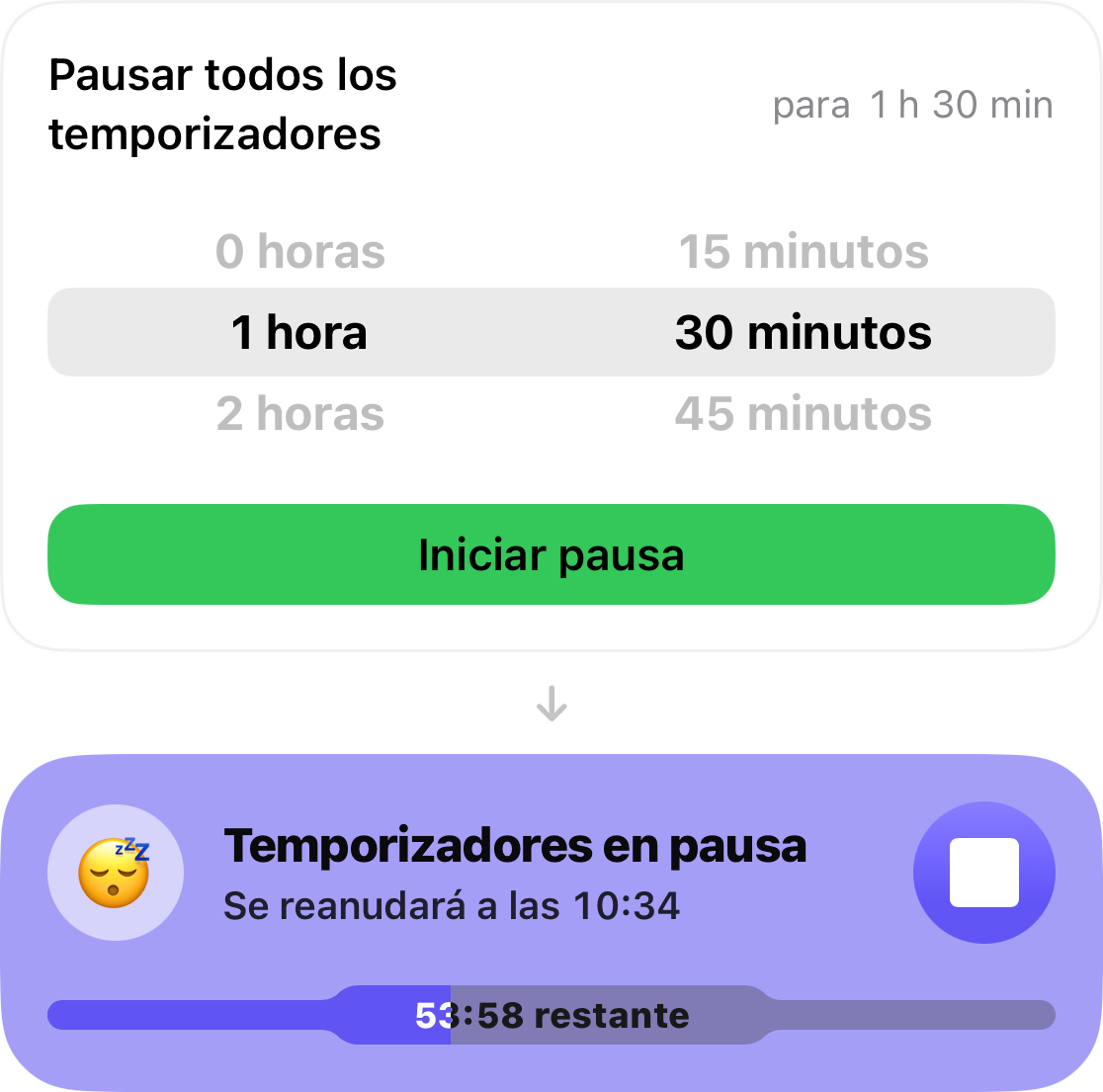 El selector de posposición configurado en 1 hora y 30 minutos, y debajo, la tarjeta con la cuenta regresiva para que los temporizadores se reanuden