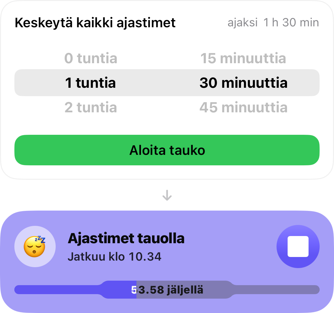 Valintaketo on asetettu 1 tuntiin 30 minuuttiin, ja sen alla on kortti, joka laskee aikaa ajastimien uudelleenkäynnistymiseen