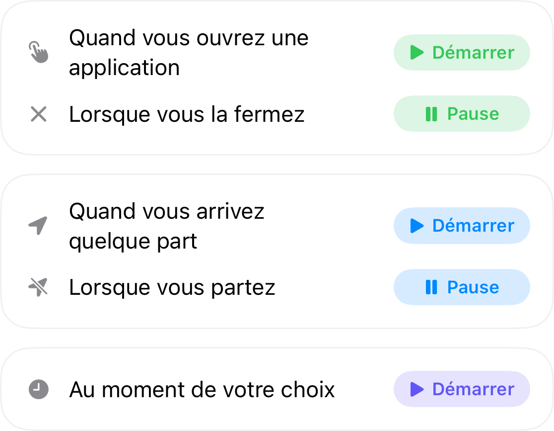 Déclencheurs d'automatisation : commencez lorsque vous ouvrez une application et mettez en pause lorsque vous la fermez, commencez lorsque vous arrivez quelque part et mettez en pause lorsque vous partez, et commencez à l'heure de votre choix
