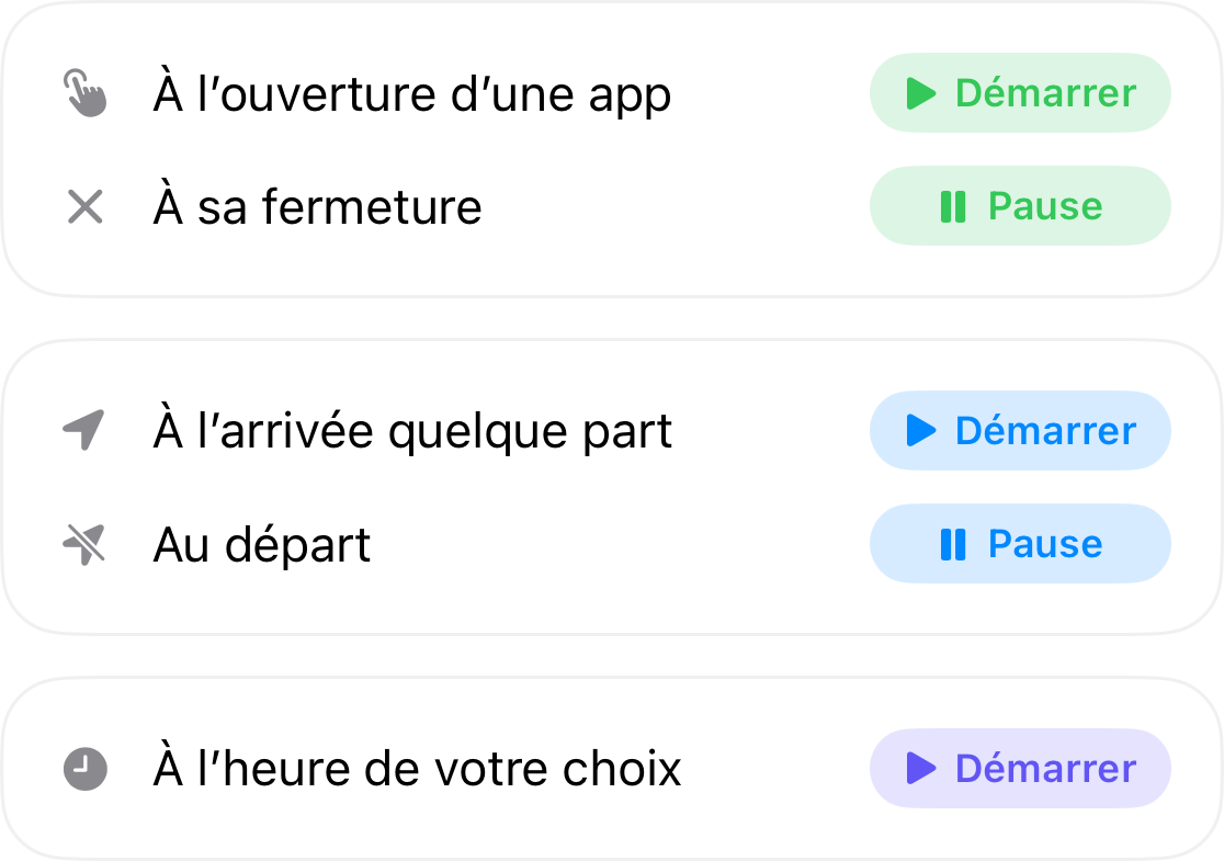 Déclencheurs d'automatisation : lancez quand vous ouvrez une application et mettez en pause quand vous la fermez, lancez quand vous arrivez quelque part et mettez en pause quand vous partez, et lancez à l'heure de votre choix