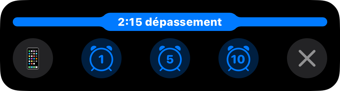Une Activité en direct avec la barre pleine et 2:15 de prolongation, au-dessus de boutons pour ajouter une, cinq ou dix minutes