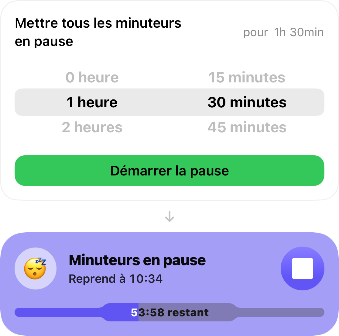 Le sélecteur de répétition est réglé sur 1 h 30, avec en dessous la carte indiquant le décompte avant la reprise des minuteurs