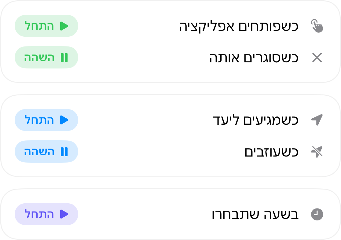 טריגרים לאוטומציה: מתחילים כשפותחים אפליקציה ועוצרים כשסוגרים אותה, מתחילים כשמגיעים למקום ועוצרים כשעוזבים אותו, ומתחילים בזמן שבו בוחרים