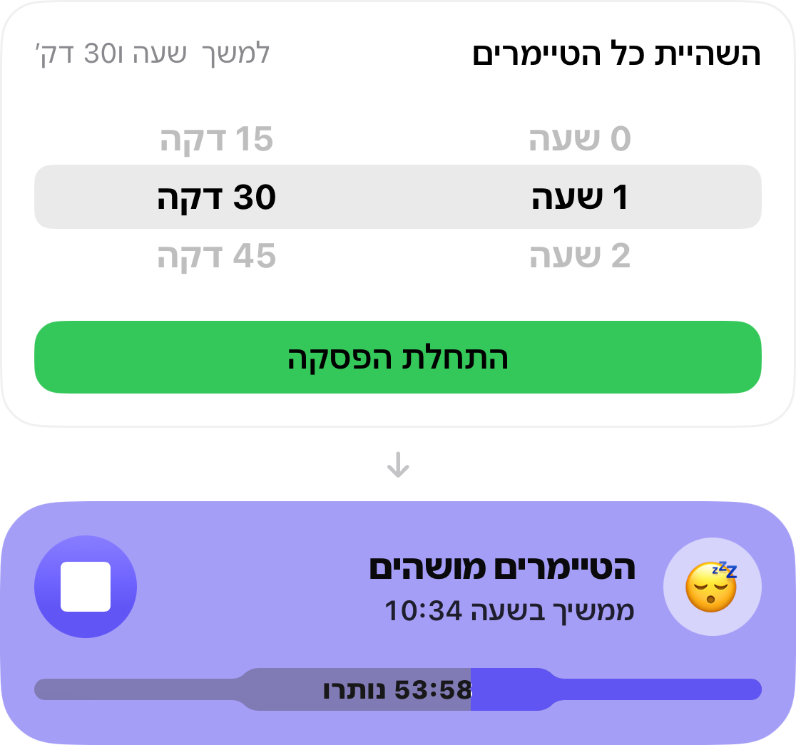 בחירת זמן הנויל (Snooze) מוגדרת לשעה ו-30 דקות, ומתחתיה הכרטיס המציג את הספירה לאחור עד להמשך הטיימרים