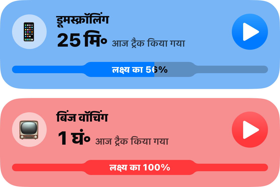 मुख्य सूची से दो आदत कार्ड: Doomscrolling 25 मिनट पर, जो अपने लक्ष्य का 56 प्रतिशत है, और Binge Watching एक घंटे पर, जिसकी पूरी सीमा का उपयोग हो चुका है