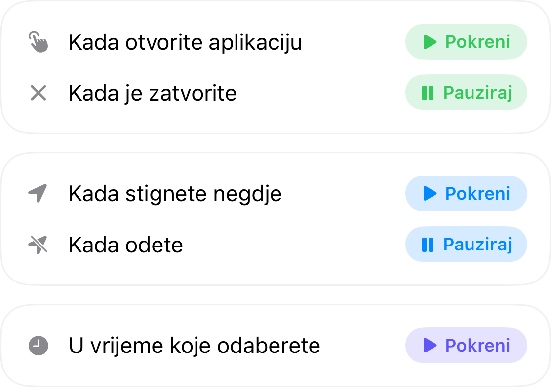 Automatski okidači: pokreni kada otvorite aplikaciju i pauzira kada je zatvorite, pokreni kada dođete na određeno mjesto i pauzira kada ga napustite, te pokreni u vrijeme koje odaberete