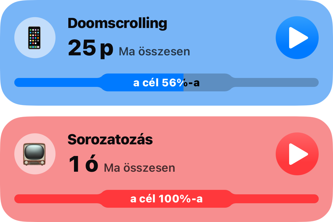 Két szokení kártya a fő listából: Doomscrolling 25 perccel, a céljának 56 százalékával, és Binge Watching egy órával, a teljes limit felhasználásával