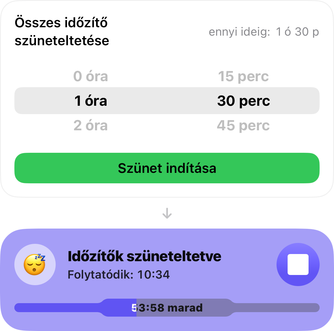 A riasztás elhalasztása 1 óra 30 minutára van beállítva, alatta pedig egy kártya, amely a menetidéjének levetéséig mennyi idő van még hátra