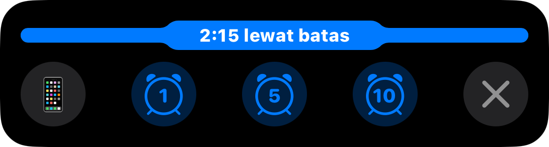 Live Activity dengan bar penuh dan waktu 2:15 di masa overtime, di atas tombol tambah satu, lima, atau sepuluh menit