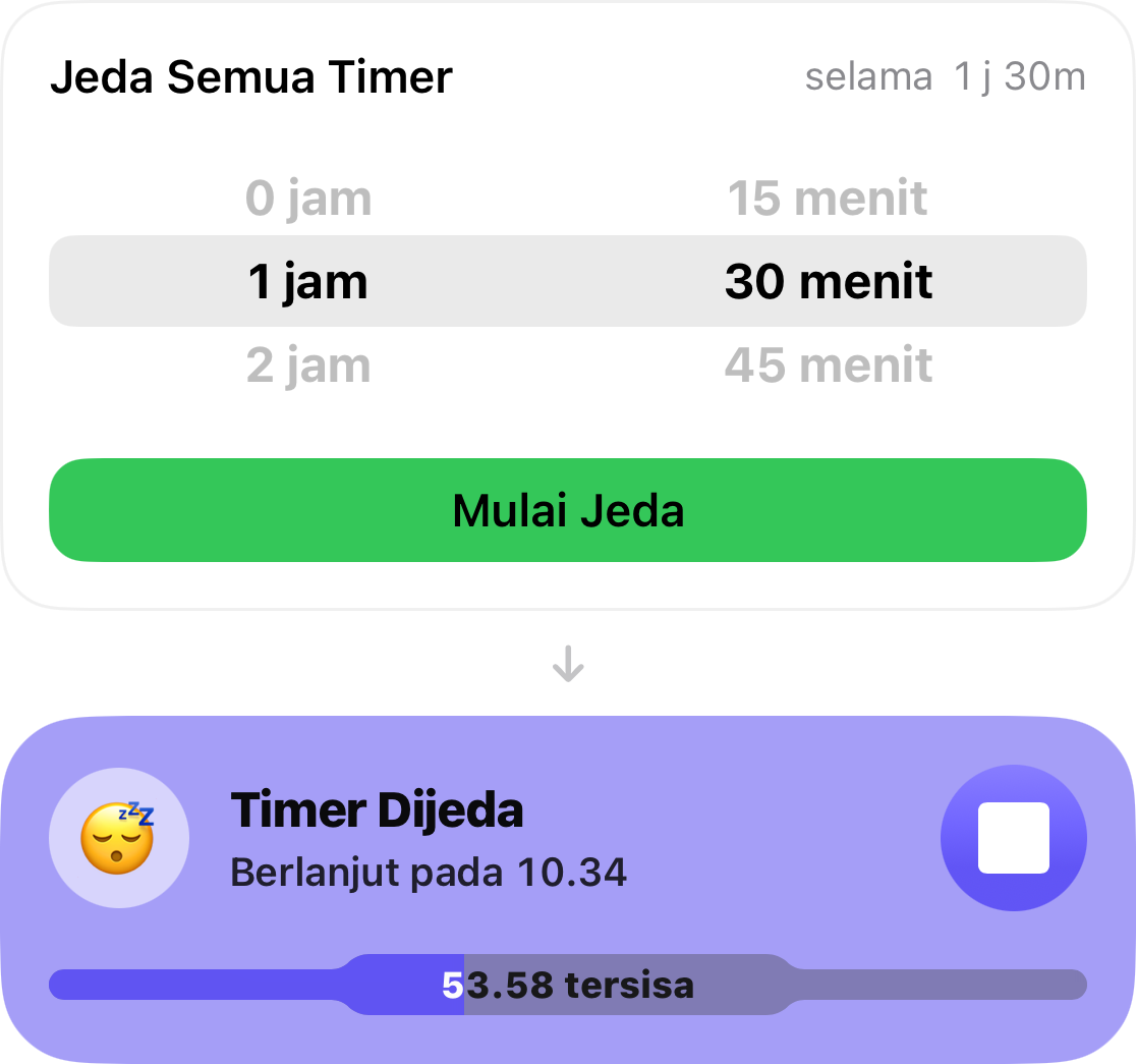Pengaturan snooze diatur ke 1 jam 30 menit, dan di bawahnya terdapat kartu yang menghitung mundur waktu hingga timer dimulai kembali