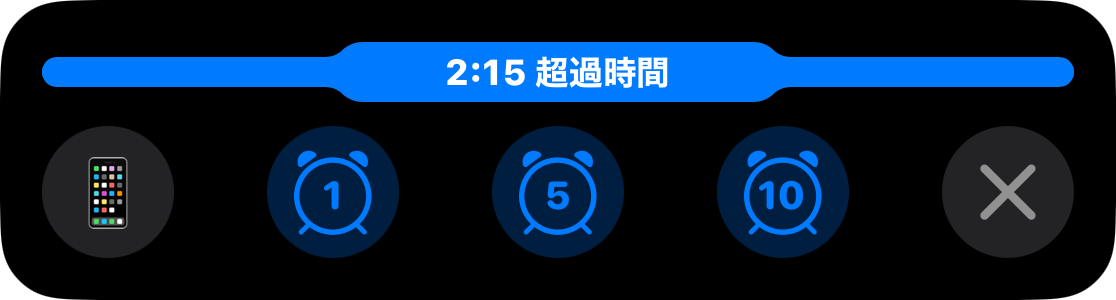 1分、5分、または10分を追加するボタンの上に、バーが満タンで延長戦開始2分15秒のライブアクティビティが表示されている