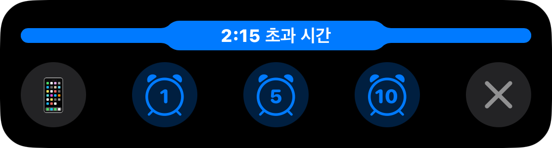 바가 가득 차고 연장전 2분 15초가 경과한 라이브 액티비티가 있으며, 1분, 5분 또는 10분을 추가하는 버튼들이 위에 있습니다