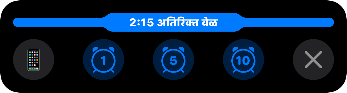 एक 'Live Activity', ज्यामध्ये बार पूर्ण भरलेला आहे आणि ओव्हरटाइममध्ये २:१५ मिनिटे सुरू आहेत, आणि त्याखाली एक, पाच किंवा दहा मिनिटे वाढवण्यासाठी बटणे आहेत
