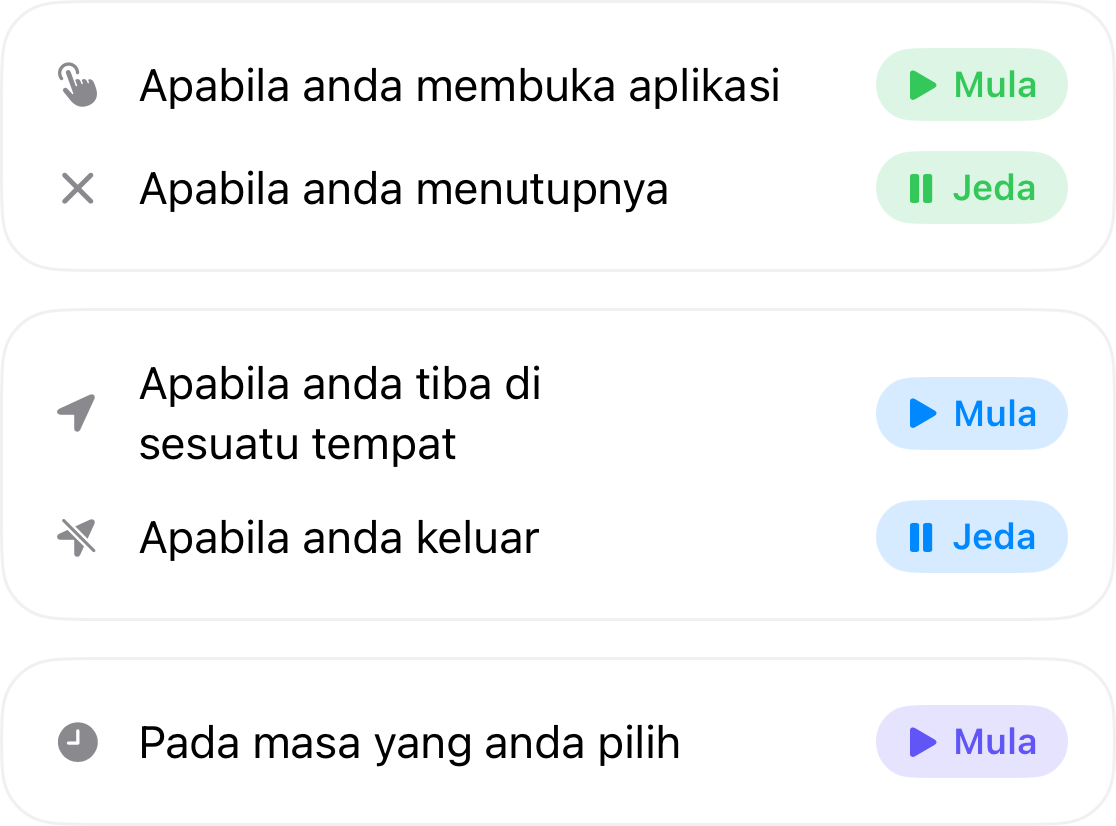 Pencetus automasi: mulakan apabila anda membuka aplikasi dan berhenti apabila anda menutupnya, mulakan apabila anda tiba di sesuatu lokasi dan berhenti apabila anda meninggalkannya, dan mulakan pada masa yang anda pilih