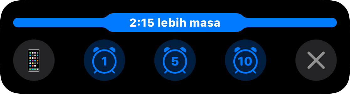 Aktiviti Langsung dengan bar penuh dan 2:15 dalam masa tambahan, di atas butang yang menambah satu, lima atau sepuluh minit