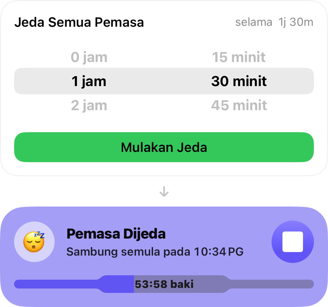 Penyelaras snooze ditetapkan pada 1 jam 30 minit, dan di bawahnya kad yang mengira baki masa sebelum pemasa bermula semula