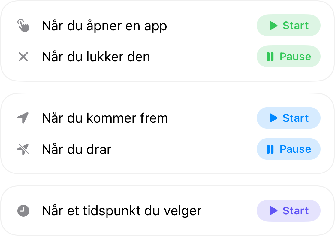 Automatiseringstriggere: start når du åpner en app og pause når du lukker den, start når du ankommer et sted og pause når du drar, og start på et tidspunkt du velger