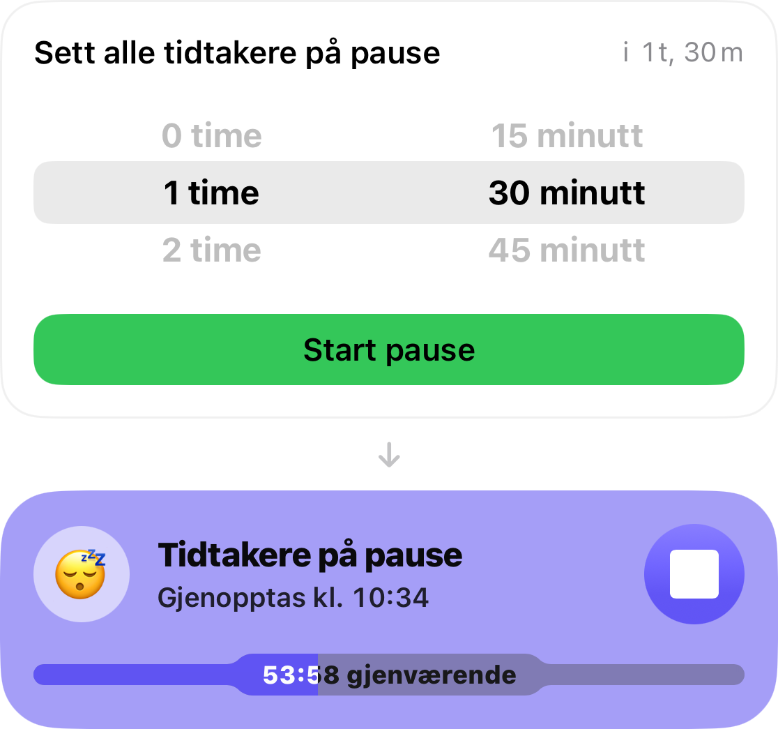 Snooze-velgeren er satt til 1 time og 30 minutter, og under den er kortet som teller ned til tidspunktet for at timeren gjenopptas