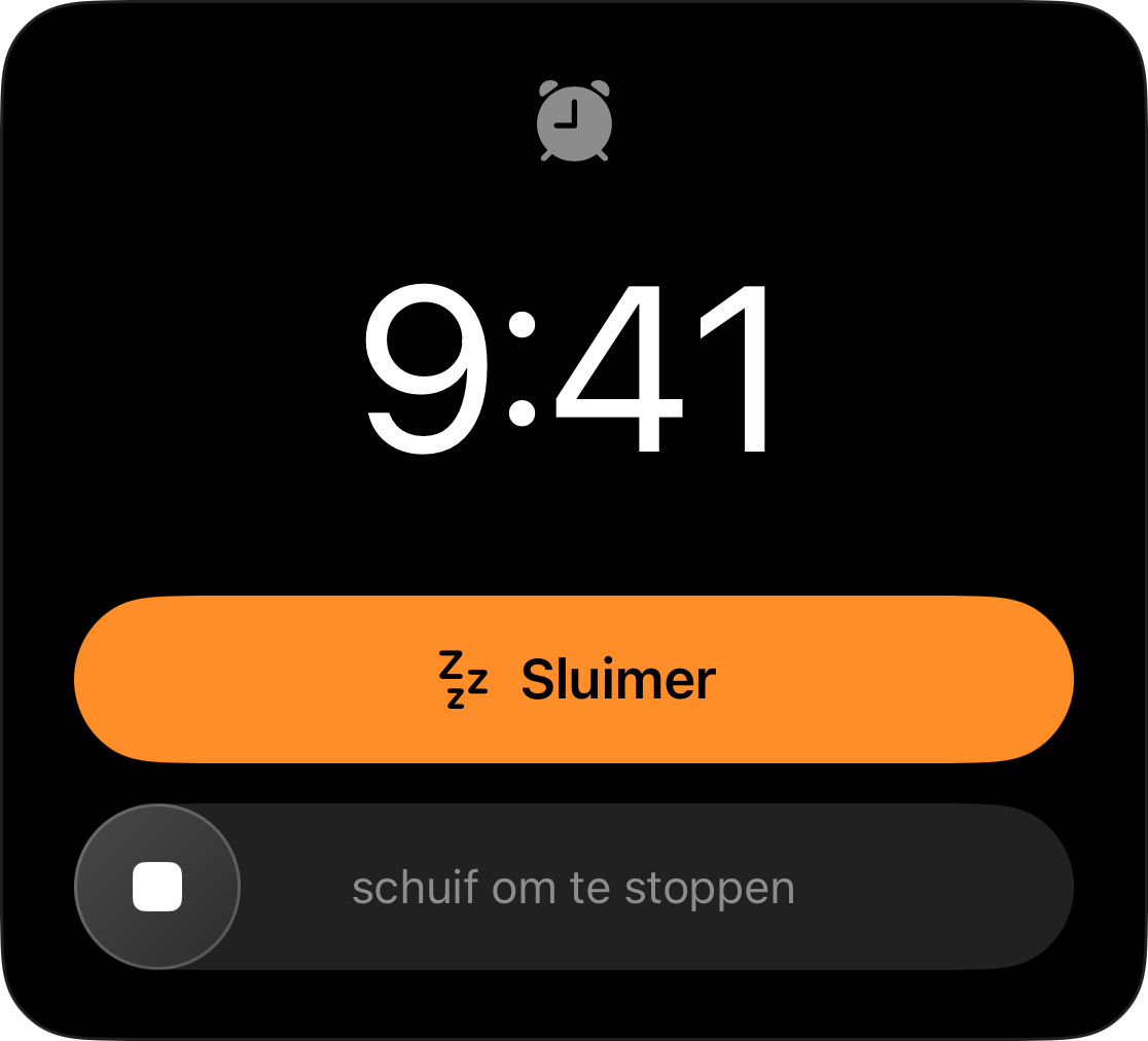 Een alarm op het vergrendelscherm om 09:41 met een snooze-knop en een schuifregelaar om te stoppen