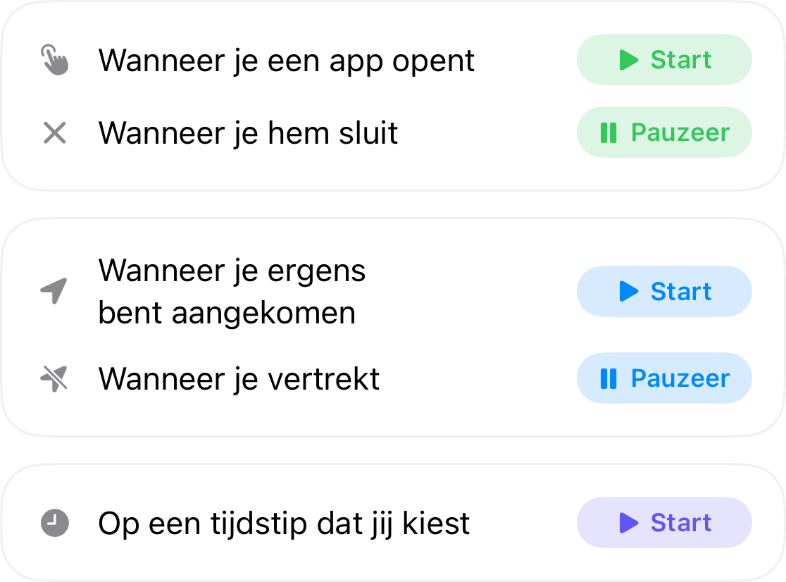 Automatiseringstriggers: start wanneer je een app opent en pauzeer wanneer je deze sluit, start wanneer je ergens bent en pauzeer wanneer je weggaat, en start op een door jou gekozen tijdstip