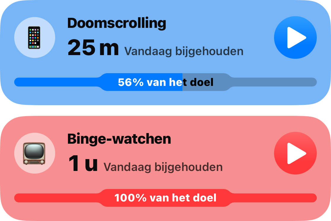 Twee gewoonttekaarten uit de hoofdlijst: Doomscrolling met 25 minuten, 56 procent van het doel bereikt, en Binge Watching met een uur, de volledige limiet verbruikt