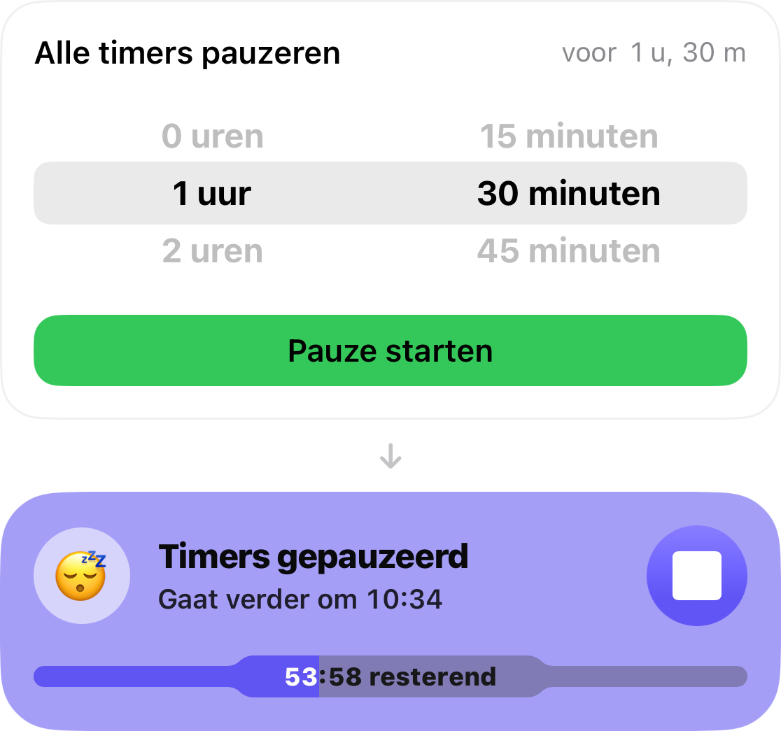 De snooze-kiezer is ingesteld op 1 uur 30 minuten, en daaronder staat een kaart met de resterende tijd tot de timers weer starten