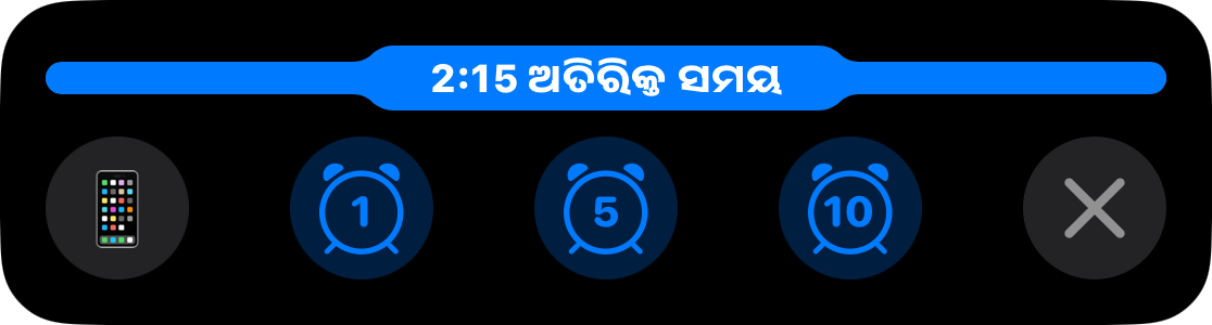 Full bar ଥିବା ଏକ Live Activity ଏବଂ overtime ରେ ୨:୧୫ ସମୟ, ଯେଉଁଠି ଏକ, ପାଞ୍ଚ କିମ୍ବା ଦଶ ମିନିଟ୍ ବଢ଼ାଇବା ପାଇଁ ବଟନ୍ ରହିଛି
