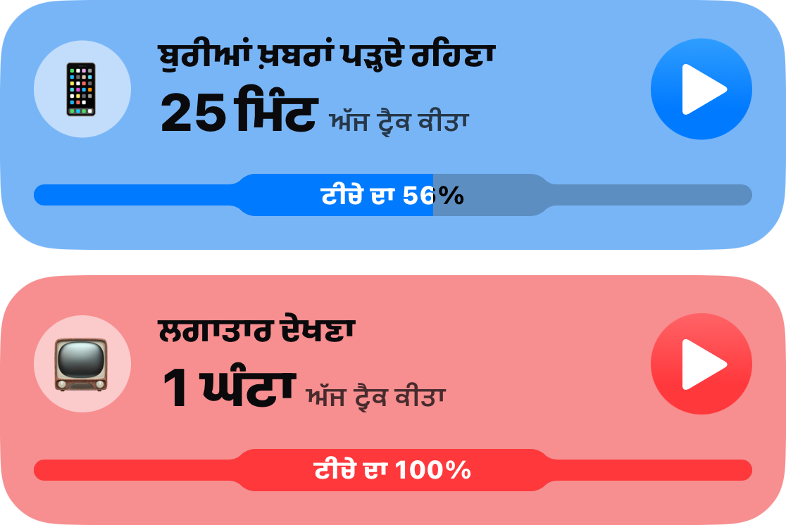 ਮੁੱਖ ਸੂਚੀ ਵਿੱਚੋਂ ਦੋ ਆਦਤ ਕਾਰਡ: ਡੂਮਸਕ੍ਰੋਲਿੰਗ 25 ਮਿੰਟਾਂ ਤੇ, ਆਪਣੇ ਟੀਚੇ ਦਾ 56 ਪ੍ਰਤੀਸ਼ਤ, ਅਤੇ ਬਿੰਜ ਵਾਚਿੰਗ ਇੱਕ ਘੰਟੇ ਤੇ, ਇਸਦੀ ਪੂਰੀ ਸੀਮਾ ਵਰਤ ਲਈ ਗਈ