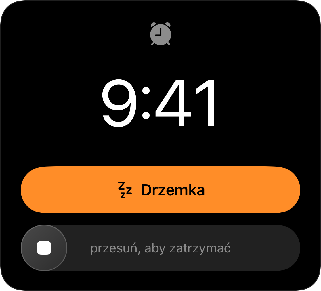 Budzik na ekranie blokady ustawiony na 9:41 z przyciskiem drzemki i suwakiem wyłączania