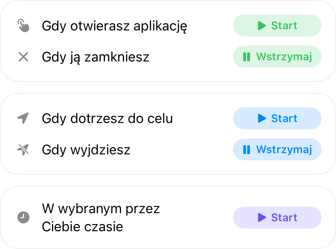 Wyzwalacze automatyzacji: uruchamiaj po otwarciu aplikacji i wstrzymuj po jej zamknięciu, uruchamiaj po dotarciu na miejsce i wstrzymuj po wyjściu, oraz uruchamiaj o wybranej przez Ciebie godzinie