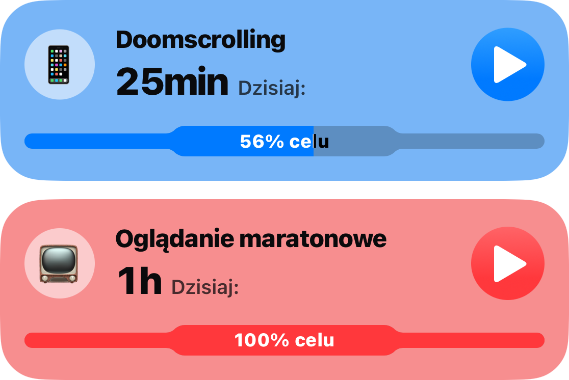 Dwie karty nawyków z głównej listy: Doomscrolling (25 minut, 56 procent celu) oraz Binge Watching (godzina, wykorzystano cały limit)