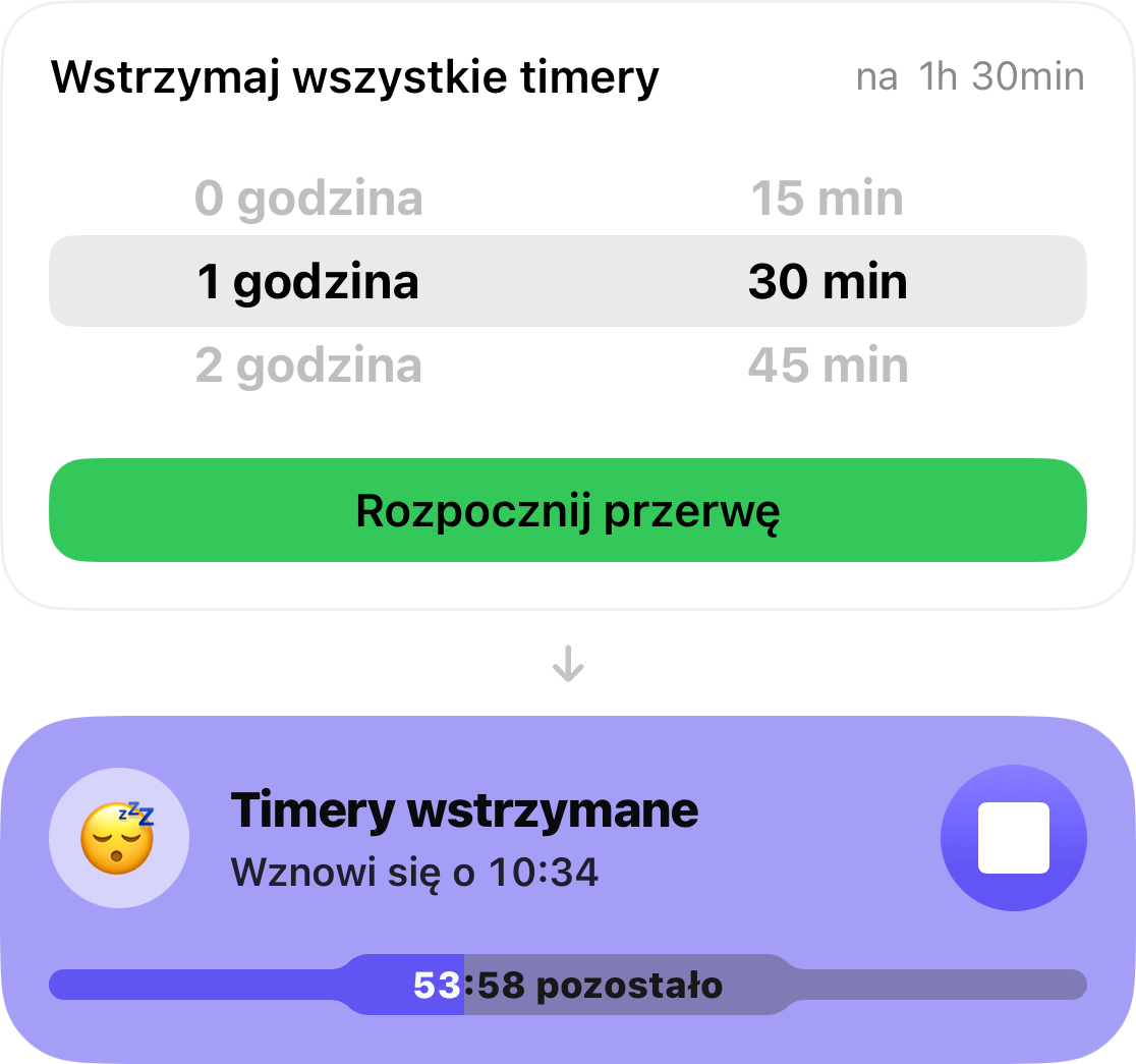 Ustawienia drzemki ustawione na 1 godzinę 30 minut, a poniżej karta odliczająca czas do wznowienia minutników