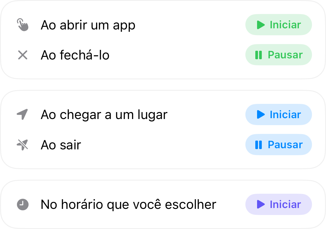 Gatilhos de automação: inicia ao abrir um app e pausa ao fechá-lo, inicia ao chegar a um local e pausa ao sair, e inicia no horário escolhido