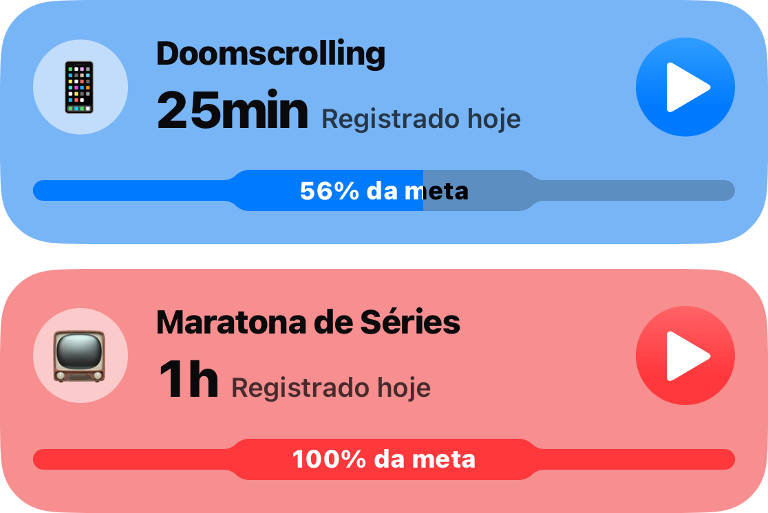 Dois cartões de hábito da lista principal: Scroll Infinito em 25 minutos, 56 por cento do objetivo, e Maratona de Séries em uma hora, com o limite totalmente utilizado