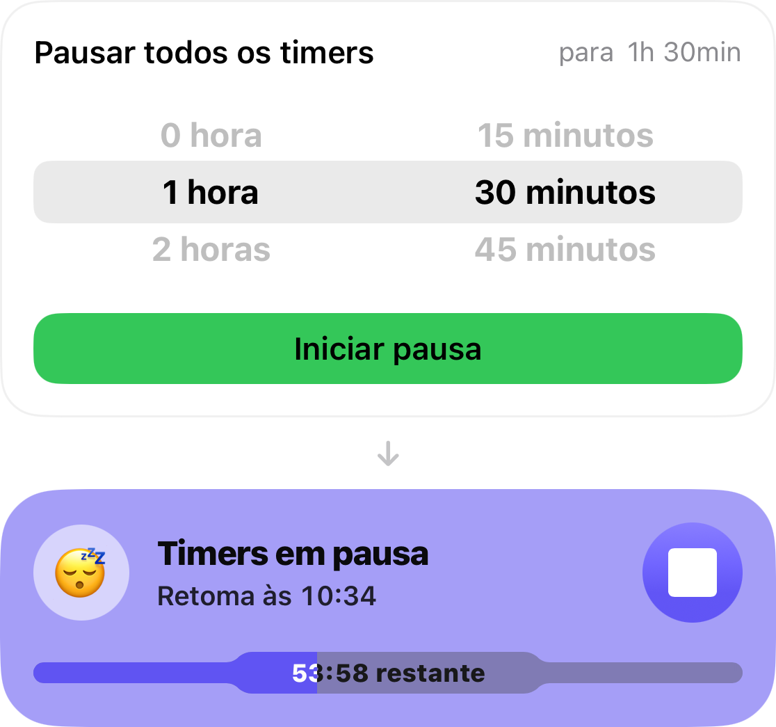 O seletor de soneca configurado para 1 hora e 30 minutos, e abaixo dele o card com a contagem regressiva para o reinício dos alarmes