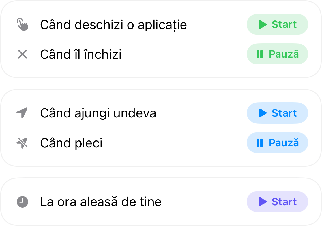 Declanșarea automatizărilor: pornește când deschizi o aplicație și se oprește când o închizi, pornește când ajungi într-un loc și se oprește când pleci, și pornește la ora aleasă de tine
