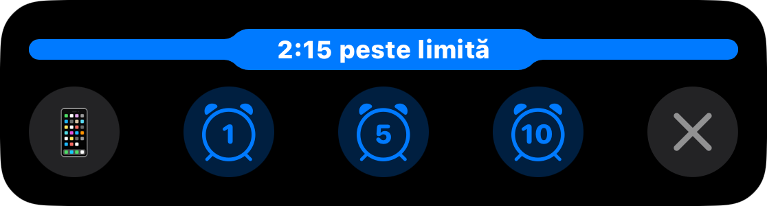 O Activitate în timp real cu bara plină și 2:15 în overtime, deasupra butoanelor pentru adăugarea unuor, cinci sau zece minute