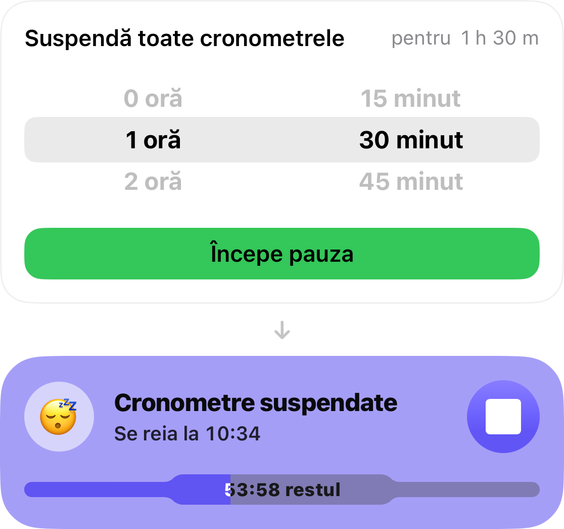 Setarea pentru amânare este configurată la 1 oră și 30 de minute, iar dedesubt se află cardul care numără timpul până când cronometrele pornesc din nou