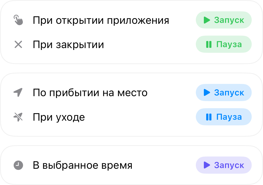 Триггеры автоматизации: запуск при открытии приложения и пауза при его закрытии, запуск по прибытии в место и пауза при его покидании, а также запуск в выбранное вами время