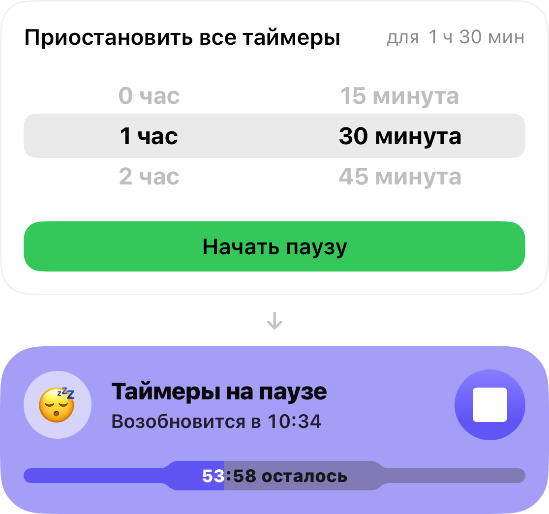 Таймер повтора установлен на 1 час 30 минут, а под ним — карточка с обратным отсчетом времени до возобновления работы таймеров