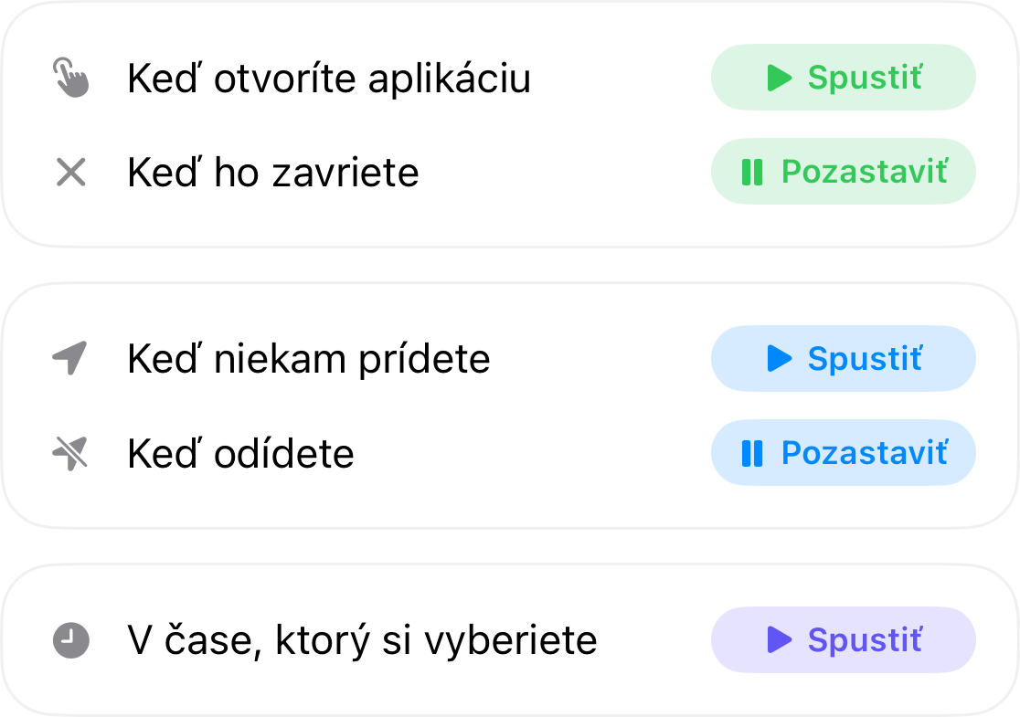 Spúšťače automatizácie: začatia keď otvoríte aplikáciu a pozastavenie, keď ju zatvoríte, začatia keď prichádzate na miesto a pozastavenie, keď ho opustíte, alebo spúšťanie včas, ktorý si sami zvolíte