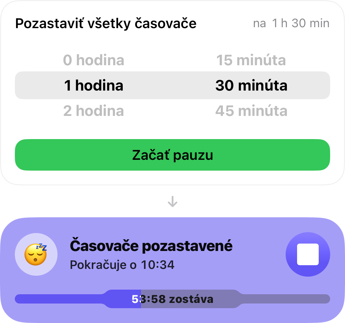 Výber odlozenia budíča nastavený na 1 hodinu a 30 minút, a pod ním karta odpočítavajúca čas do obnovenia časovačov