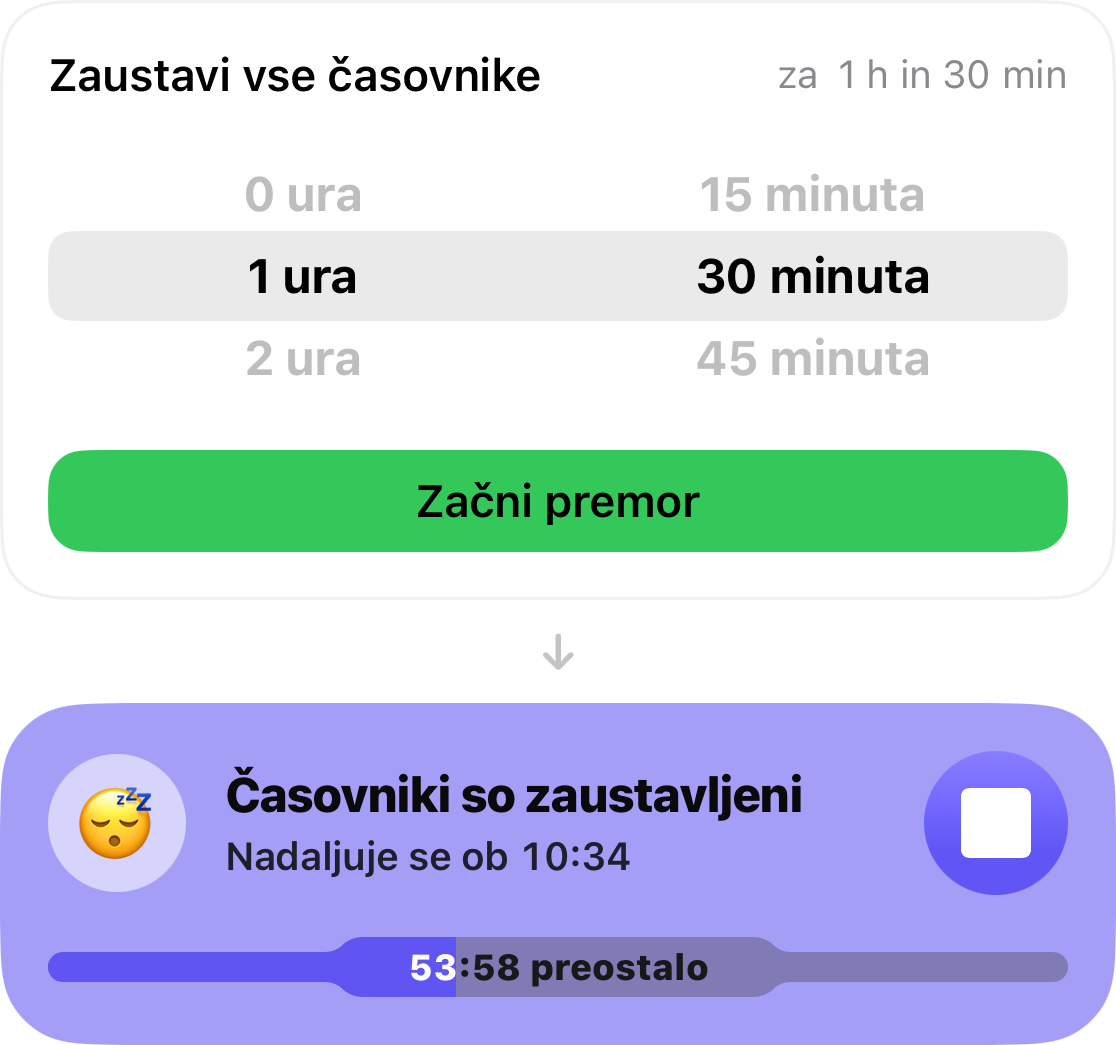 Izbira drgnjenja je nastavljena na 1 uro 30 minut, pod njo pa je kartica, ki prikazuje preostalo uro do ponovnega začetka časovnika