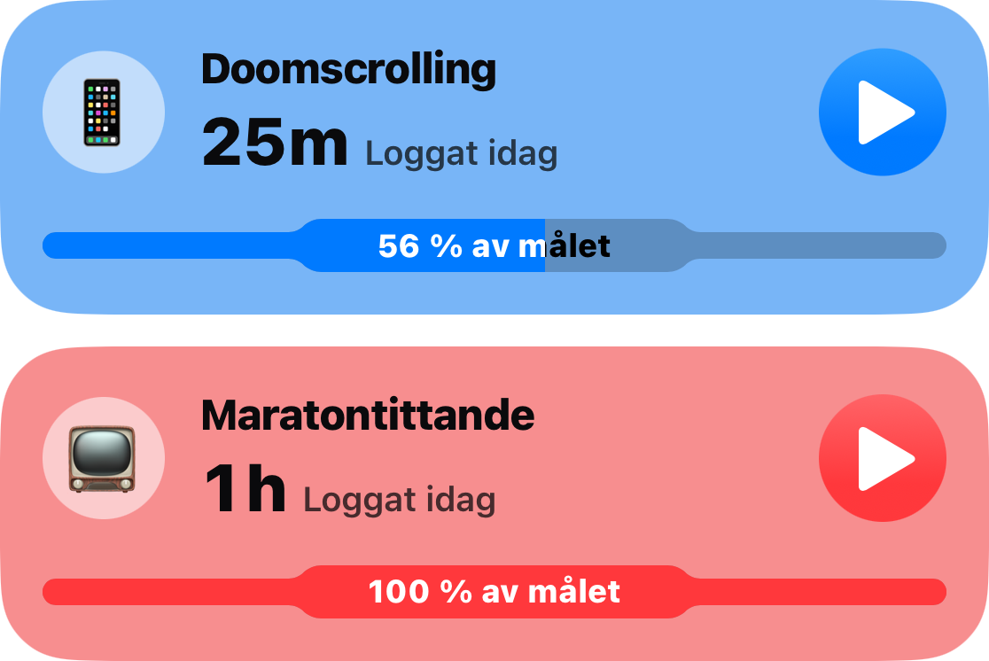 Två vana-kort från huvudlistan: Doomscrolling i 25 minuter, 56 procent av målet, och Binge Watching i en timme, hela gränsen förbrukad