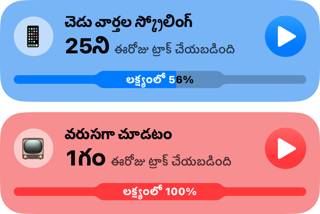 ప్రధాన జాబితా నుండి రెండు అలవాట్ల కార్డ్స్: 25 నిమిషాల డూమ్స్క్రోలింగ్, దాని లక్ష్యంలో 56 శాతం, మరియు గంట డూమ్స్క్రోలింగ్, దాని పరిమితి పూర్తిగా వాడబడింది