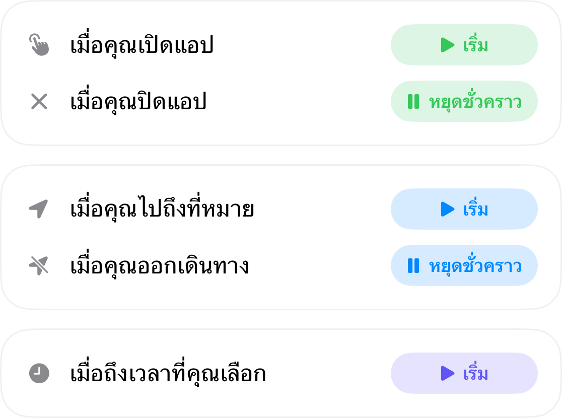 ตัวกระตุ้นการทำงานอัตโนมัติ: เริ่มเมื่อคุณเปิดแอปและหยุดเมื่อปิดแอป, เริ่มเมื่อคุณเดินทางถึงจุดหมายและหยุดเมื่อคุณออกเดินทาง, และเริ่มตามเวลาที่คุณกำหนด