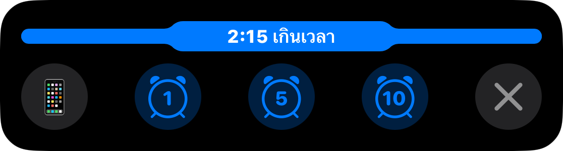 Live Activity ที่มีแถบสถานะเต็มและเวลาผ่านช่วงต่อเวลาไปแล้ว 2:15 นาที โดยมีปุ่มสำหรับเพิ่มเวลา 1, 5 หรือ 10 นาที