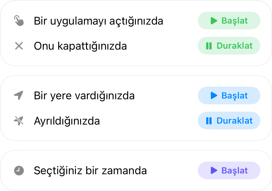 Otomasyon tetikleyicileri: bir uygulamayı açtığınızda başlar ve kapattığınızda duraklatır, bir yere vardığınızda başlar ve ayrıldığınızda duraklatır ve seçtiğiniz bir saatte başlar