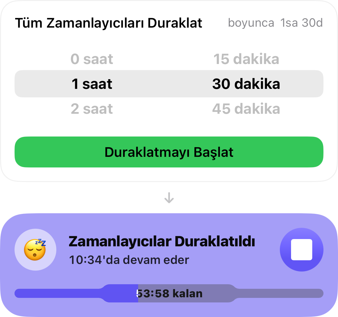 Erteleme seçeneği 1 saat 30 dakika olarak ayarlandı; altında ise zamanlayıcıların ne zaman başlayacağını gösteren kalan süreyi sayan kart yer alıyor